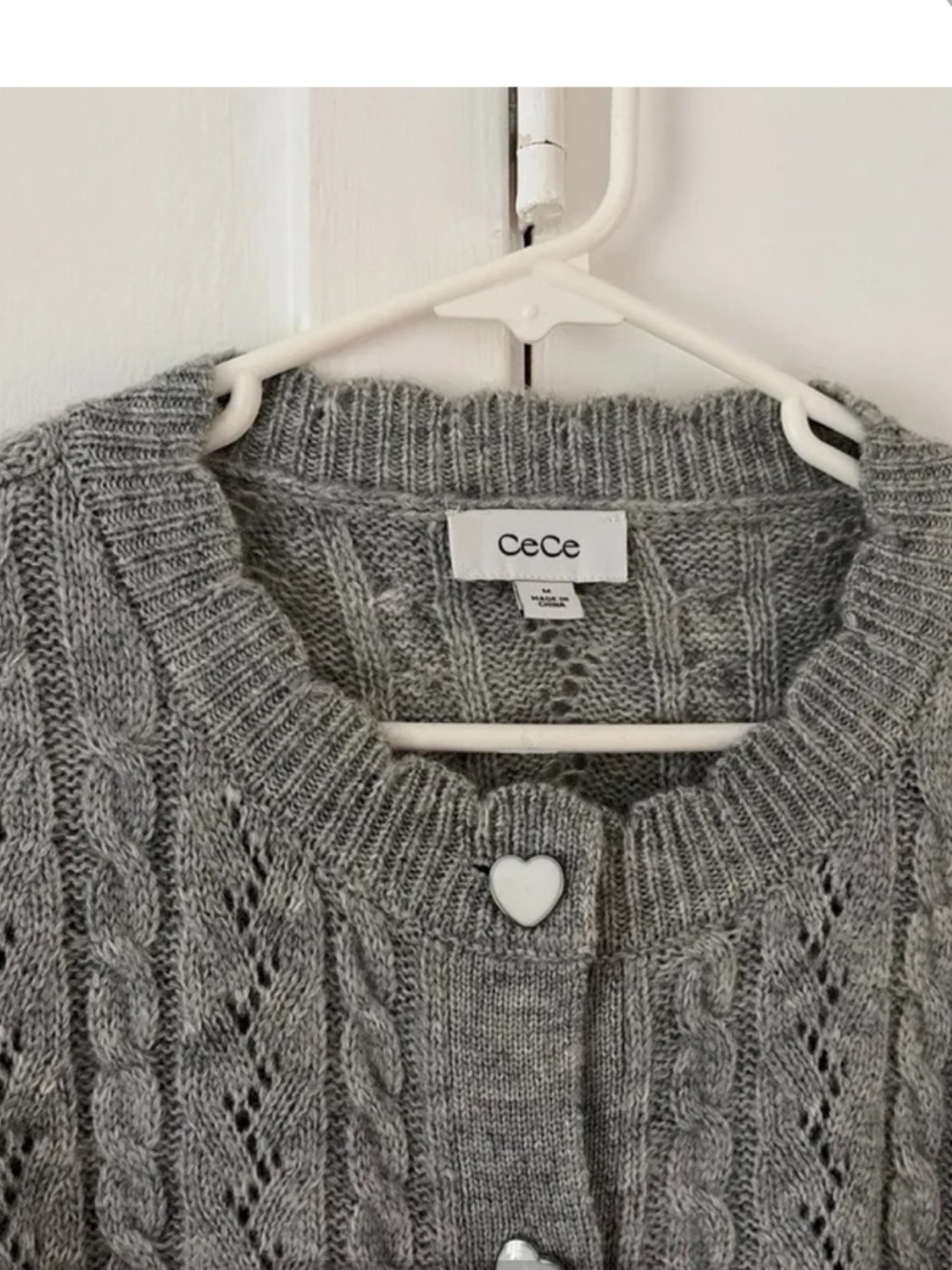 CeCe Gray Cable Knit Heart-Button Cardigan Sweater